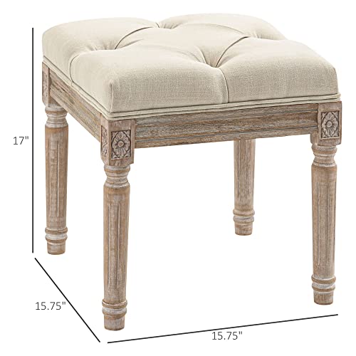 HOMCOM 16" Vintage Ottoman, Tufted Foot Stool with Upholstered Seat, Rustic Wood Legs for Bedroom, Living Room, Beige HOMCOM