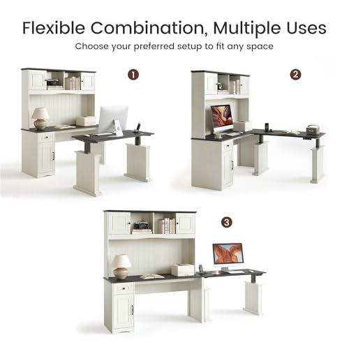 FEZIBO 60" L Shaped Executive Standing Desk with Hutch and Storage Cabinet, Farmhouse Standing Desk with Charging Station, Reversible Home Office Workstation, Antique White FEZIBO