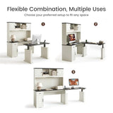 FEZIBO 60" L Shaped Executive Standing Desk with Hutch and Storage Cabinet, Farmhouse Standing Desk with Charging Station, Reversible Home Office Workstation, Antique White FEZIBO