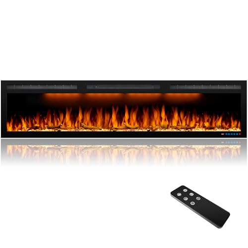 72 inches Electric Fireplace, Recessed and Wall Mounted Fireplace Heater and Linear Fireplace Inserts, Adjustable Heaing& Remote Control& Touchscreen, Multicolor Flame & Realistic logs,1500W, Black Dreamflame