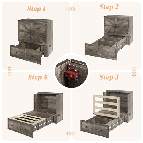 AMERLIFE Twin Murphy Bed Cabinet with Charging Station and Storage Drawer, Farmhouse Foldable Platform Bed for Home Office, Apartment, Small Spaces, Rustic Grey AMERLIFE