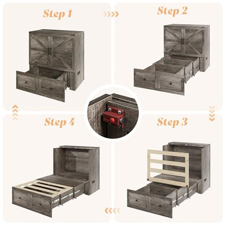 AMERLIFE Twin Murphy Bed Cabinet with Charging Station and Storage Drawer, Farmhouse Foldable Platform Bed for Home Office, Apartment, Small Spaces, Rustic Grey AMERLIFE