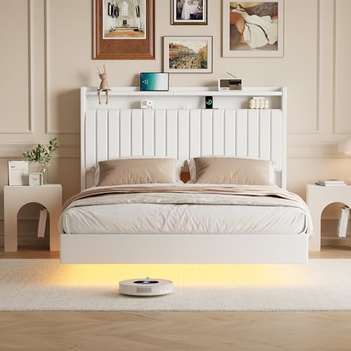 IDEALHOUSE Queen Floating Bed Frame with LED Lights and Storage Headboard, Bed Frame with Modern Minimalist Style for Bedroom/Vacation Home,Silent & No Box Spring Required,Easy to Assemble,White IDEALHOUSE