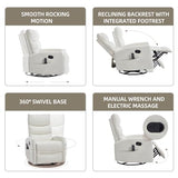 PELUMY 360° Swivel Rocker Recliner with Heat & Vibration Massage, Glider Rocking Chair for Adults, Compact Recliner for Living Room, Small Spaces, Nursery, Bedroom (Breathable Leather, White)