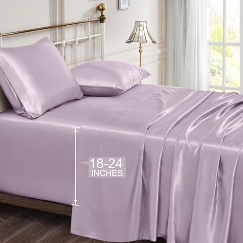 Vonty Extra Deep Pocket Full Sheet Sets - Cooling & Silky Satin Full Size Sheets with 18-24 Inch Deep Pocket, Luxury Lavender Satin Bed Sheets Fit Up to 24" Deep Mattress - 4 Piece Vonty