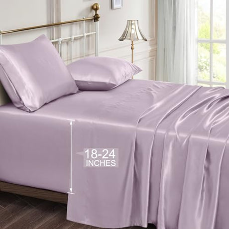 Vonty Extra Deep Pocket Full Sheet Sets - Cooling & Silky Satin Full Size Sheets with 18-24 Inch Deep Pocket, Luxury Lavender Satin Bed Sheets Fit Up to 24" Deep Mattress - 4 Piece Vonty