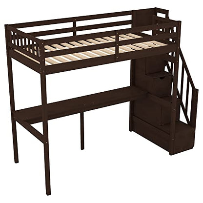 Espresso Twin Size Loft Bed with Storage Steps and Built-in Desk for Kids - WoodArtSupply