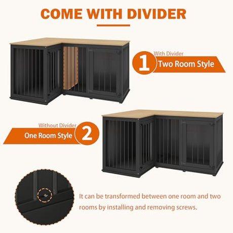 Lovinouse Corner Dog Crate Furniture for 2 Dogs, Indoor Wooden Furniture Style Heavy Duty Large Dog Kennel House with Double Rooms & Divider for Large & Medium Dogs, Black Lovinouse