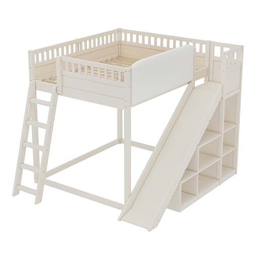 Bellemave Bunk beds Full Over Full with Slide and Stair and upholstered headboard, Low bunk/loft Bed for Kids，Beige Bellemave