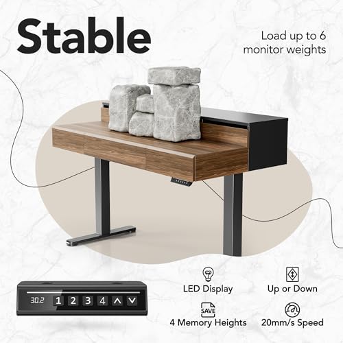 HUANUO Standing Desk with Drawers, 48 Inches Electric Height Adjustable Desk with Storage, Whole-Piece Board Sit Stand Up Desk with Monitor Shelf, Black Walnut HUANUO