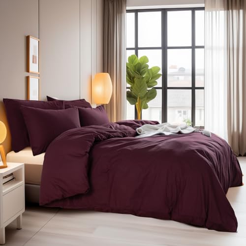 NEXHOME PRO Duvet Cover Set Queen Size Linen Look Textured 100% Washed Cotton Duvet Cover Burgundy Dark Red 3 Pieces Bedding Set with Zipper Closure,Breathable, Soft Organic Natural(No Comforter) NEXHOME PRO