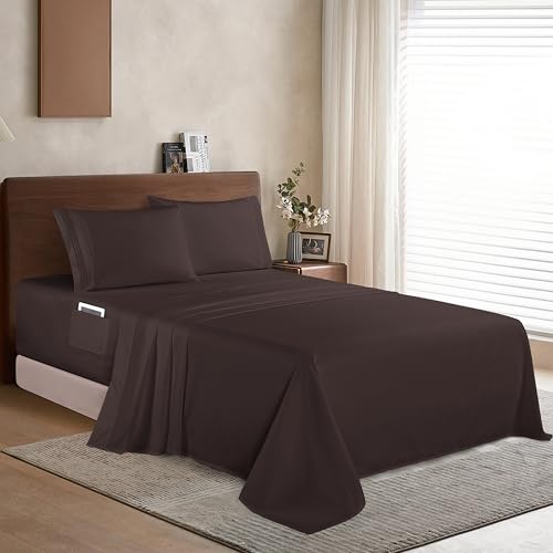 Elegant Comfort Luxury 1500 Premium Hotel Quality Microfiber 4-Piece Sheet Set - Soft, All Around Elastic 18-24 Inches Deep Fitted Sheet - Extra Deep Pocket Sheets, Queen, Chocolate Brown Elegant Comfort