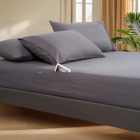 Popfavor Deep Pocket King Fitted Sheet with Straps - Fits Mattresses Up to 21" Thick - 3 Piece Bed Sheets - Moisture Wicking, Cooling & Soft Fitted Sheet & Pillow Cases (Grey) Popfavor