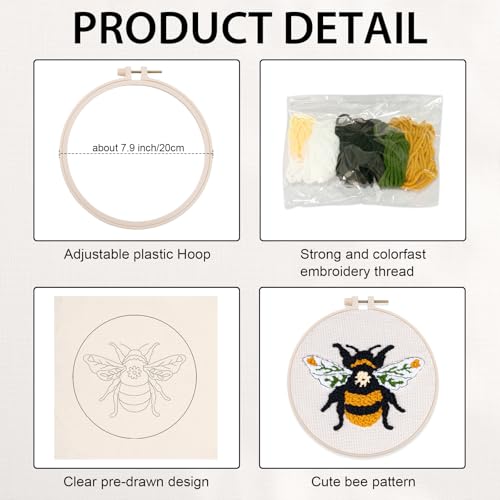 Nuberlic Punch Needle Kit for Beginners Cute Bee Pattern DIY Hoop Embroidery Punch Needle Starter Craft Set with Pre-Printed Fabric, Yarn, Frame & Tools Step-by-Step Introduction