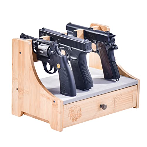 Pistol Rack with Drawer,4-Slot Luxury solid wood bamboo Handgun Display Holder Stand, Upgraded felt cloth to prevent abrasion - WoodArtSupply