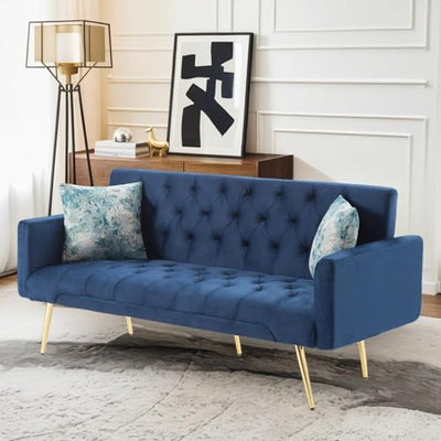Trygoal Futon Sofa Bed, Convertible Futon Couch with Adjustable Backrest, 68.31” Folding Sofa Bed with 2 Pillows & Metal Legs, Sleeper Loveseat with Armrest for Home Office, Blue