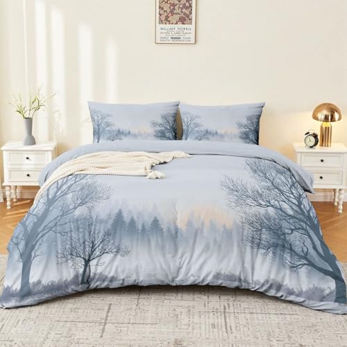 Duvet Cover Single 61" x 79" Size - Reversible Minimalist Winter Landscape Duvet Cover Set for Kids and Adults with Zipper Closure, 3 Pieces Grey Bedding Set with 2 Pillow Shams Generic