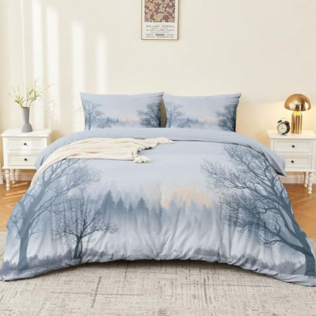 Duvet Cover Single 61" x 79" Size - Reversible Minimalist Winter Landscape Duvet Cover Set for Kids and Adults with Zipper Closure, 3 Pieces Grey Bedding Set with 2 Pillow Shams Generic