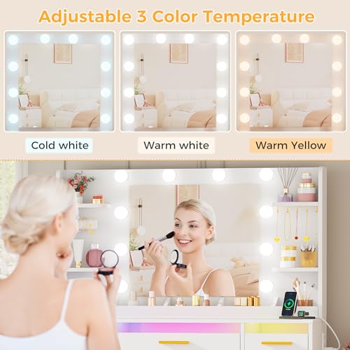 ANWBROAD Vanity Desk with Mirror and Lights 3 Colors Large Makeup Vanity Table Set Transparent Glass Top with 9 RGB Drawers, 4 Shelves Vanity Desk with Stool Power Outlet White Bedroom Women UBDT94W ANWBROAD