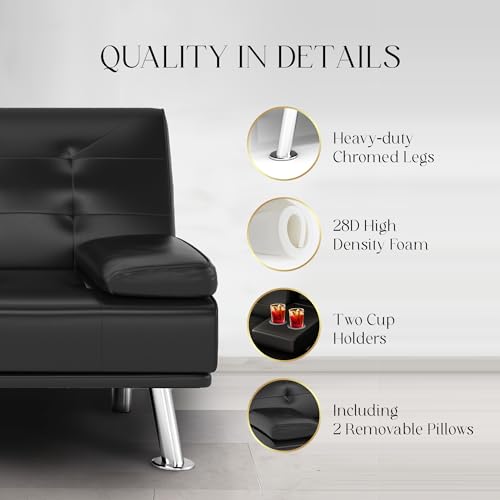 yoyomax Futon Couch, Modern Faux Leather Futon Sofa Bed with 2 Cup Holders and Pillows, Convertible Folding Futon Couch for Compact Living Space, Dorm, RV, Offices, Black yoyomax