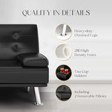 yoyomax Futon Couch, Modern Faux Leather Futon Sofa Bed with 2 Cup Holders and Pillows, Convertible Folding Futon Couch for Compact Living Space, Dorm, RV, Offices, Black yoyomax