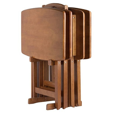 Ergode Wood Dylan 5-Piece Snack Table Set - Folding Solid Wood Teak Finish - includes 4 Snack Tables and Storage Stand, Space-Saving Design, Perfect for TV Meals and Outdoor Use Ergode