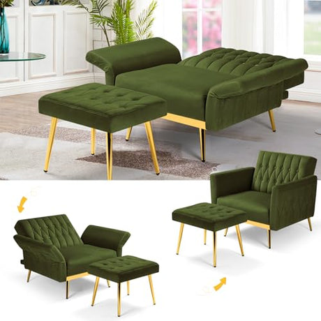ACMEASE 2 Pieces Velvet Sofa Set with Adjustable Armrest and Backrest, 70” Convertible Futon Sofa Bed & Mordern Accent Chair with Ottoman for Living Room, Bedroom, Olive Green ACMEASE