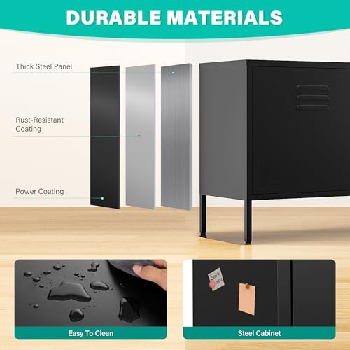 SISESOL Black Metal Storage Cabinet with Doors and Shelves,2 Door Wide Metal Locker Accent Storage Cabinet with Leg & Vent Hole,Wide TV Cabinets,Low Side Cupboard for Home,Office,Dining/Living Room SISESOL