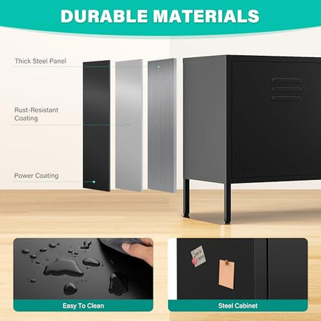 SISESOL Black Metal Storage Cabinet with Doors and Shelves,2 Door Wide Metal Locker Accent Storage Cabinet with Leg & Vent Hole,Wide TV Cabinets,Low Side Cupboard for Home,Office,Dining/Living Room SISESOL