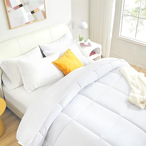 SLEEP ZONE Twin/Twin XL Size Comforter Set Duvet Insert, Down Alternative Reversible Comforter, Lightweight, Soft and Breathable Bedding All Season, Square Quilting White SLEEP ZONE