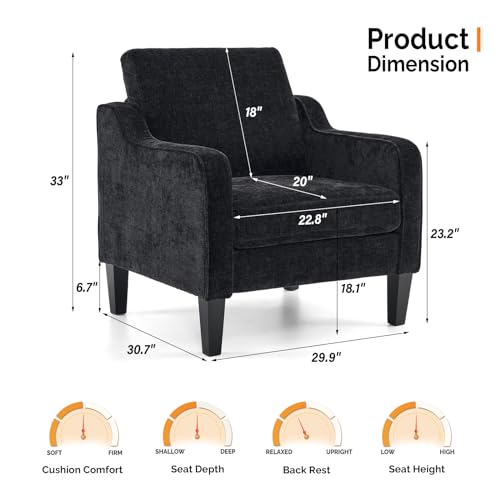 VINGLI Living Room Chairs Set of 2, Black Accent Chair 5.5" Thick Seat Cushion Comfy Chair Soft Chenille Side Chair Upholstered Arm Chair for Bedroom, Play Room, Apartment, Office (Black) VINGLI