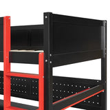 RUNNA Full Size Wooden Gaming Loft Bed with Storage Stairs, Desk, Shelves & Pegboard, Space-Saving Esports Style for Teens & Adults (Black+Red-3) RUNNA