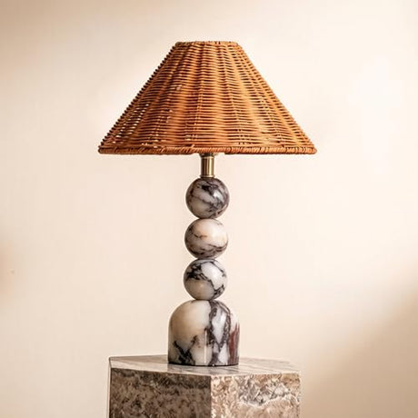 Calacatta Marble Stacked Ball Table Lamp - Hand-Woven Rattan Shade, 15" Stone Margot Artistic Vintage Lamp Luxury for Bedroom Living Room, Counter, Console, Entryway, Gift (Calacatta Viola Marble) BSOD