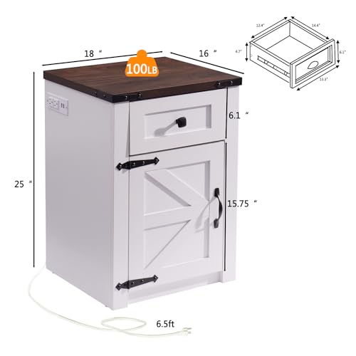 SOOWERY Nightstands Set of 2, Nightstand with Charging Station, Farmhouse End Table with Barn Door and Drawer, Rustic Wood Sofa Side Table for Bedroom, Living Room, White SOOWERY