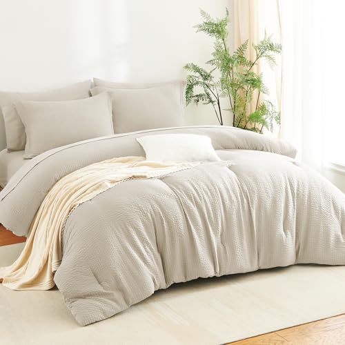 CozyLux Queen Comforter Set Beige - 7 Pieces Striped Seersucker Bed in a Bag, Soft Lightweight Boho Bedding Set with All Season Comforters Queen Size, Sheets, Pillowcases & Shams CozyLux