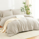 CozyLux Queen Comforter Set Beige - 7 Pieces Striped Seersucker Bed in a Bag, Soft Lightweight Boho Bedding Set with All Season Comforters Queen Size, Sheets, Pillowcases & Shams CozyLux