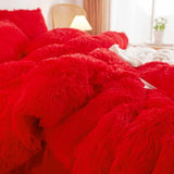 HAIHUA Plush Red Comforter Cover Queen Set, Soft Shaggy Faux Fur Red Bedding Queen Set 3 Pieces (1 Fluffy Duvet Cover + 2 Fuzzy Pillow Cases) Furry Bed Set, Zipper Closure HAIHUA