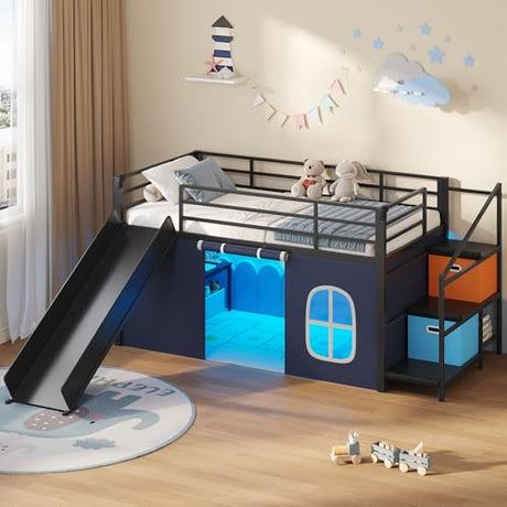 DICTAC Low Loft Bed with Slide,Storage Stairway and Led Lights Metal Twin Size Loft Bed with Under-Bed Play Space,Art Table & Play Curtain Twin Beds with 2 Drawers and 13.8''H Safety Guardrail,Black DICTAC