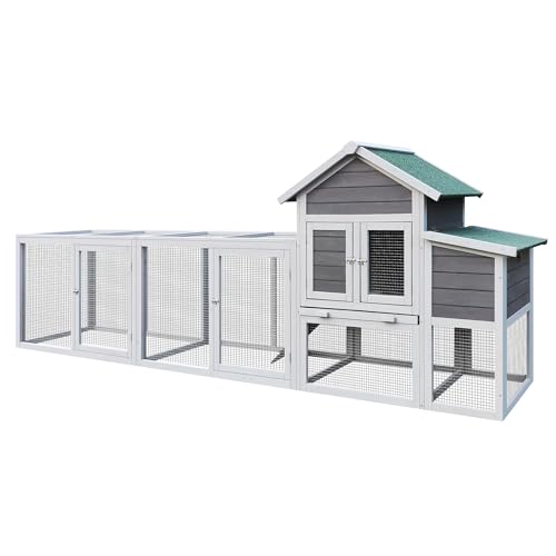 YOPTO 122" Large Chicken Coop with Run,Outdoor Chicken Run W/Nesting Box & Perch,Wooden Hen House W/Ramp & Sliding Trays,Waterproof Poultry Cage W/Sloped Asphalt Roof,for 3-4 Chickens,Gray YOPTO