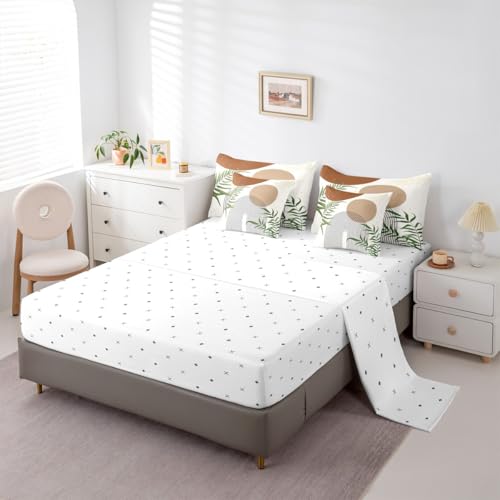Erosebridal Boho Mid Century 7 Pcs Bedding Set Queen, Modern Bohemian Minimalist Comforter Set with Sheets, Abstract Geometric Bed in A Bag for Kids Adults, Retro Aesthetic Brown Circle Bed Sets Erosebridal