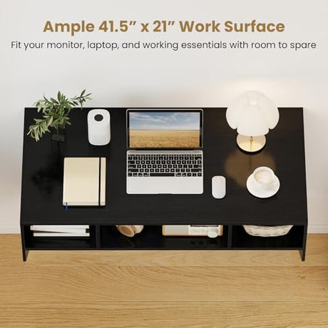 Giantex Wall-Mounted Computer Desk, Floating Laptop Desk with 3 Storage Compartments, Space-Saving Home Office Workstation Vanity Table for Bedroom, Study, Living Room (Black) Giantex