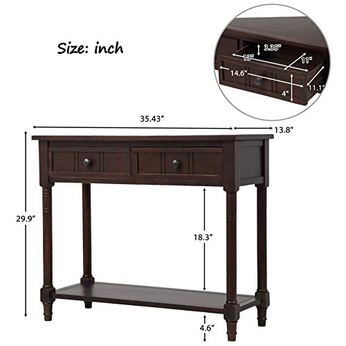 P PURLOVE Sofa Table Antique Style Wooden Console Table with 2 Drawers and Bottom Shelf (Dark Espresso) P PURLOVE