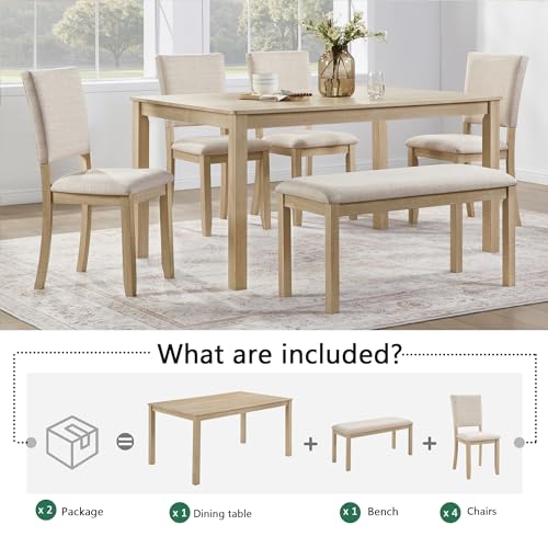 LUMISOL 6-Piece Dining Table Set with Bench and Chairs, Farmhouse Kitchen Table Set for 6 People, Wooden Table and Chairs Set for Kitchen, Dining Room, Light Oak+Beige LUMISOL