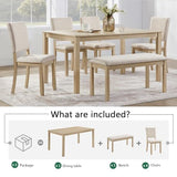 LUMISOL 6-Piece Dining Table Set with Bench and Chairs, Farmhouse Kitchen Table Set for 6 People, Wooden Table and Chairs Set for Kitchen, Dining Room, Light Oak+Beige LUMISOL
