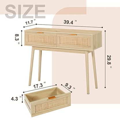 AOTIFARM Console Table with 2 Drawers Rattan Entryway Table with Storage Narrow Accent Sofa Table Behind Couch Table for Hallway, Entryway, Living Room and Bedroom Natural Wood - WoodArtSupply