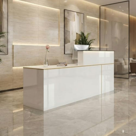 Modern Reception Desk with Counter,L-Shaped Reception Desk,86.6" Front Counter Table with Adjustable File Cabinet & Keyboard Tray,Suitable for Offices,Lobby,Hotel（R-high） Laxodor