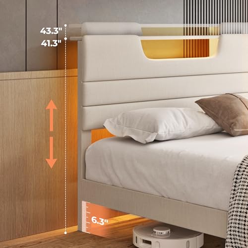 OURPIC Queen Bed Frame with Charging Station and LED Light, Upholstered Bed Frame Queen Size with Headboard, Wood Bedframe No Box Spring Needed, Easy Assembly, Beige OURPIC