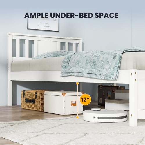 Giantex Wood Twin Bed Frames with Headboard, Mid Century Solid Wood Platform Bed with Wood Slat Support, Single Panel Bed, No Box Spring Needed, Twin Bed Frames for Kids, White Giantex