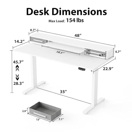 Agilestic 48 Inch Electric Standing Desk with Drawers, Adjustable Desk with Storage Shelf, Stand Up Home Office Computer Table, Splice Board, White Agilestic