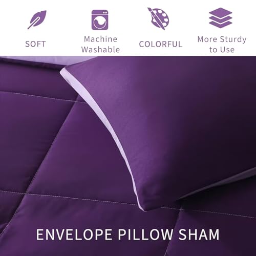 Exclusivo Mezcla Lightweight Reversible Queen Size Comforter Set, Down Alternative Comforter with 2 Pillow Sham, Queen Size Bedding Set for All Seasons, Deep Purple/Lilac Exclusivo Mezcla